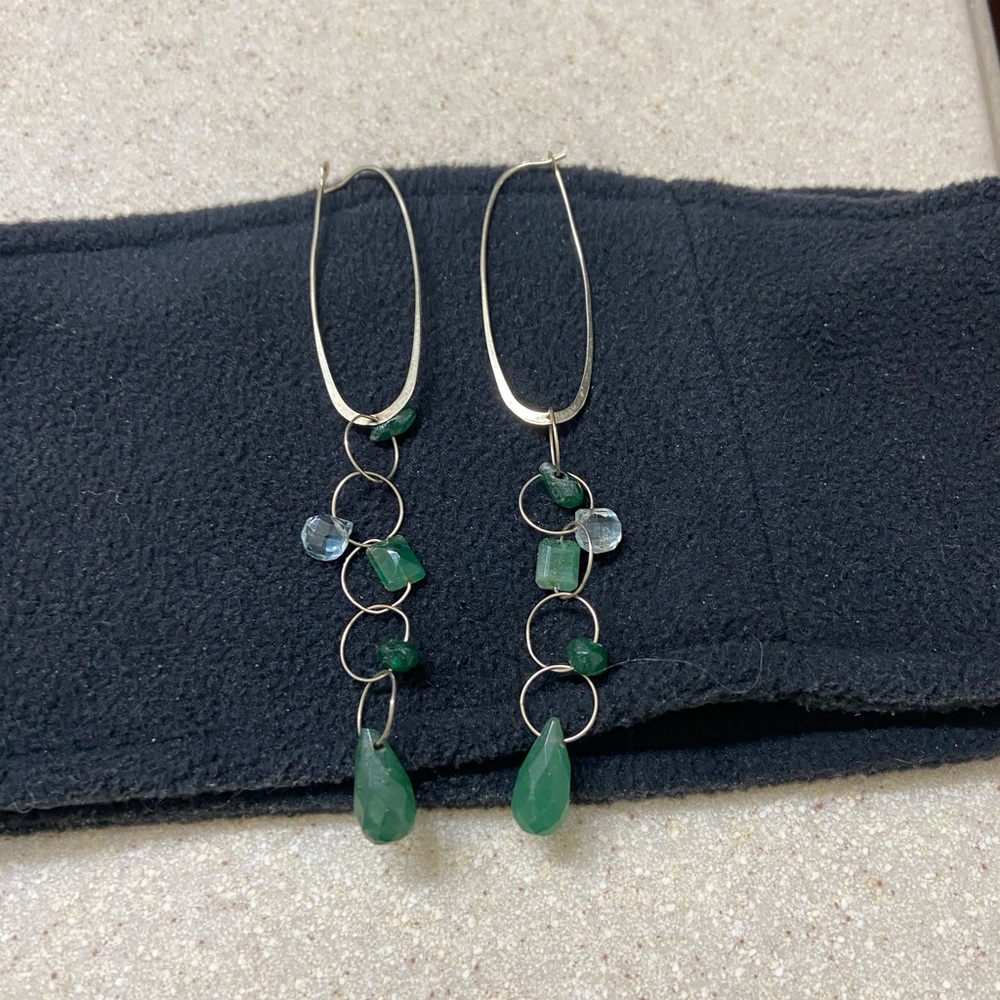 white gold with emerald, christophase, and blue topaz long earrings